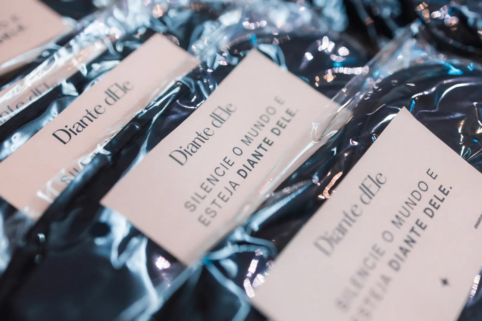 Lembranças do evento embaladas, com cartões personalizados